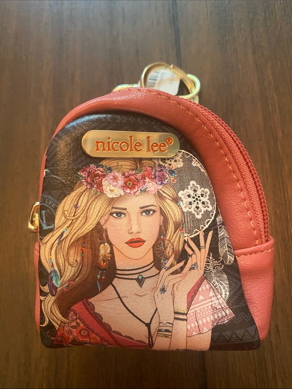 Nicole Lee Coral Pink Floral Goddess Mini Keyring Bag